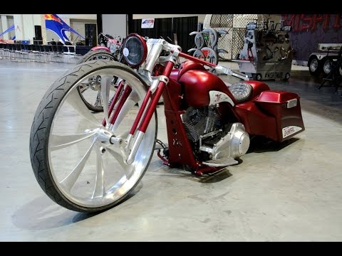 Long red Harley Davidson with big front wheel - YouTube
