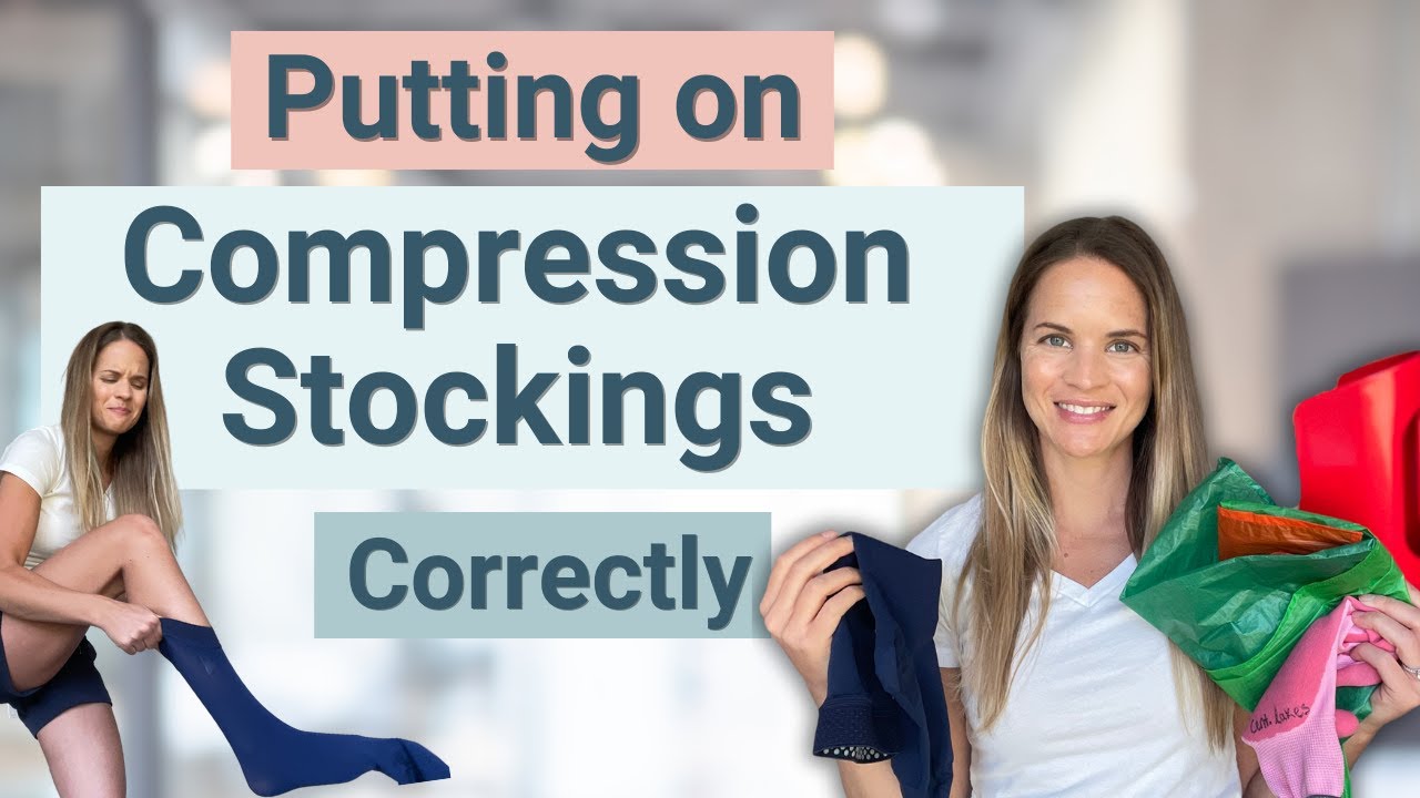 Woman is putting on lymphedema compression stockings Stock Photo
