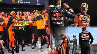 Oscar Piastri joins team celebration with Lando Norris despite being DNF | Full Podium scenes