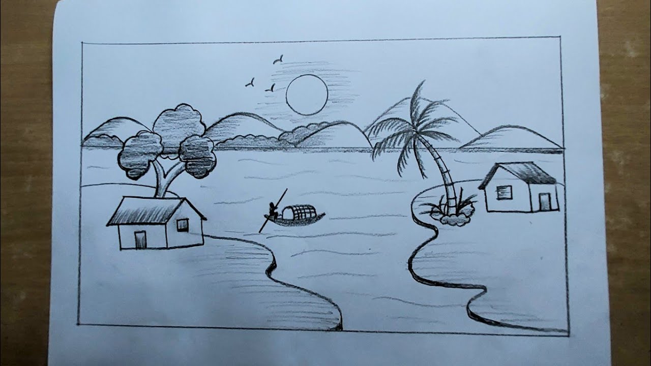 How to draw village with river scenery | Village with river scenery drawing by pencil