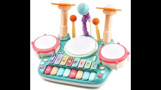 Cute Stone 5in1楽器玩具 音楽おもちゃ ドラムおもちゃ ピアノキーボード ドラム 木琴 マイク2個付き ドウムギター 多機能 音楽&ライト 早期開発 知育玩具  電子 太鼓 鍵盤楽器