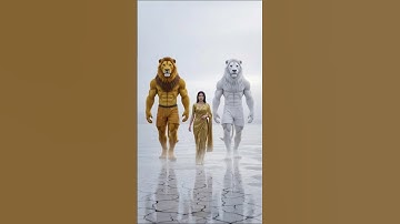 The Two Lions and the Girl 🦁 #ai #woman #lion #shorts  #leo
