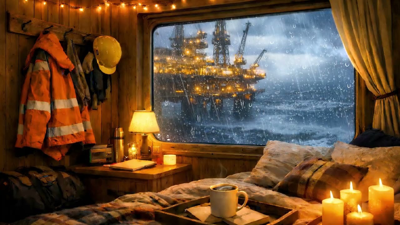 Exhausted After Night Shift ⚓ Stormy Oil Rig Cabin | Rain, Thunder & Waves for Sleep (5H)