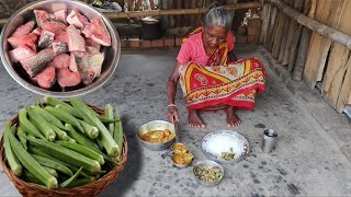 FISH CURRY And LADYFINGER VAJI cooking &eating for lunch by tribe grandma.