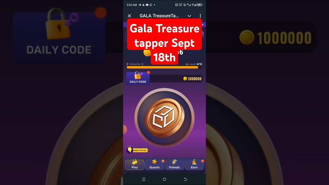 Todays cipher code for Gala Treasure Tapper 