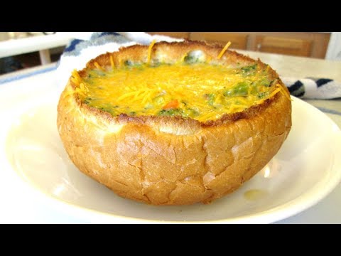 Cream of Broccoli Soup in a Toasted Bread Bowl with Cheese - PoorMansGourmet