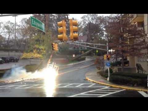 Tree fell on power lines causing transformer to explode during hurricane Sandy.