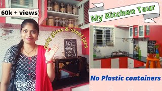 #KitchenTour My kitchen Organisation in Telugu  #LshapeKitchen #KitchenOrganisation #Noplastic