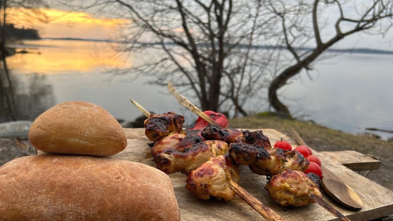 Nature's Grill: Sunset Chicken Cookout by the Frozen Lake. Asmr and relaxing outdoor Cooking
