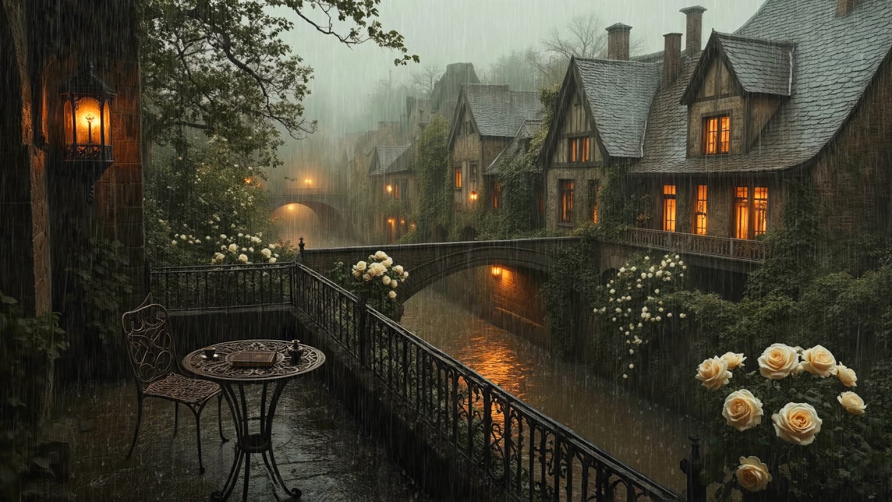 Soft Rain Over a Nostalgic Canal Town — Dark Academia Ambience Music with Piano for Focus