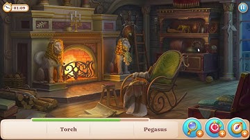 Manor Matters hidden objects #57 Fireplace - pass |coffee grinder, mandolin, Pegasus, Pumpkin, torch
