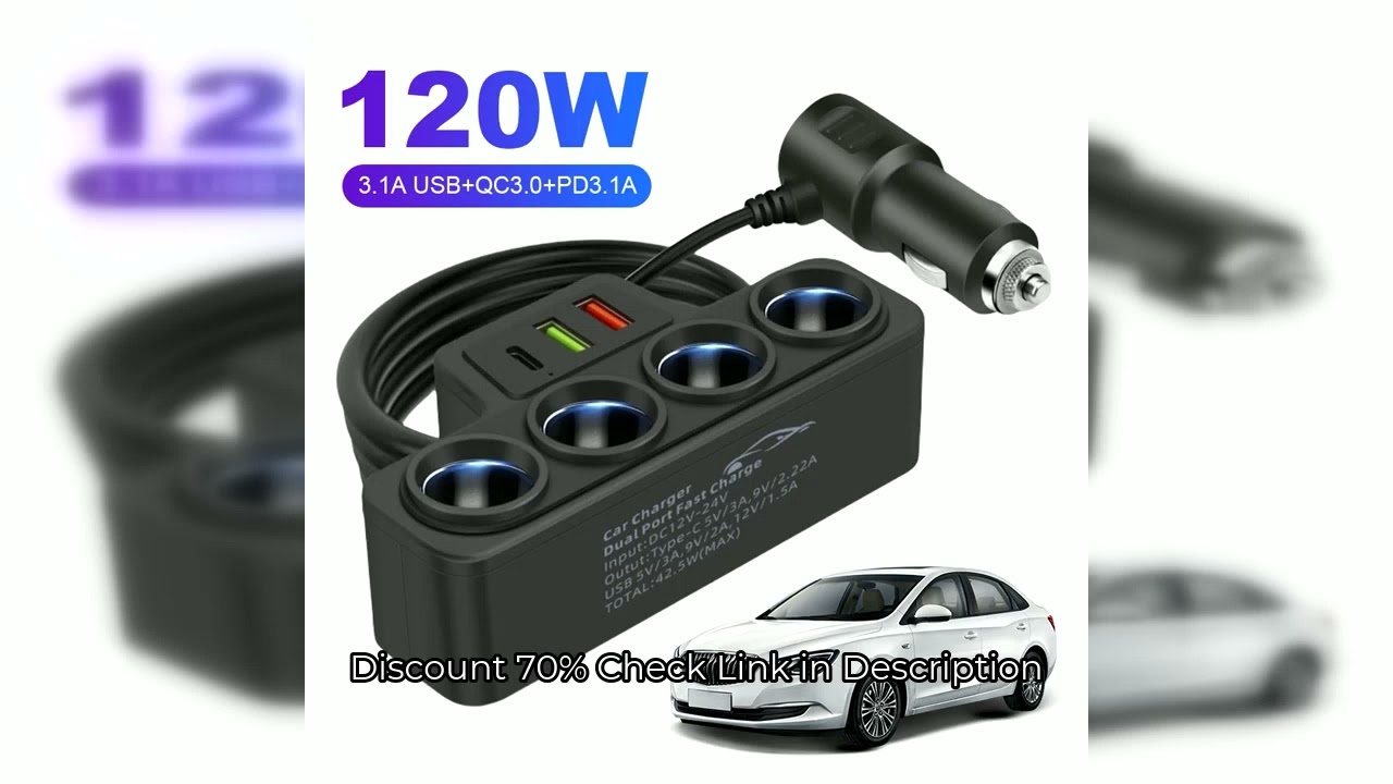 Fast Charger Plug QC3.0+PD 3.1A 12V-24V Phone Power Adapter 4-Socket 120W Car Cigarette Lighter Sock
