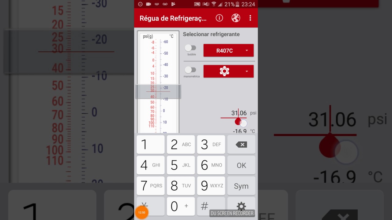 Conversão de pressão x temperatura de fluídos refrigerantes(aplicativo danfoss)