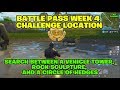 Fortnite Battle Royale "Search between a Vehicle Tower, Rock Sculpture, and a Circle of Hedges"