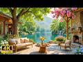 Beautiful Spring Lakeside Porch - Smooth Piano Background Music and Fireplace Sounds for Relaxation