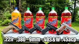Pistols VS Soda Pop Bottles .22lr .380acp 9mm .40S&W .45acp Comparison