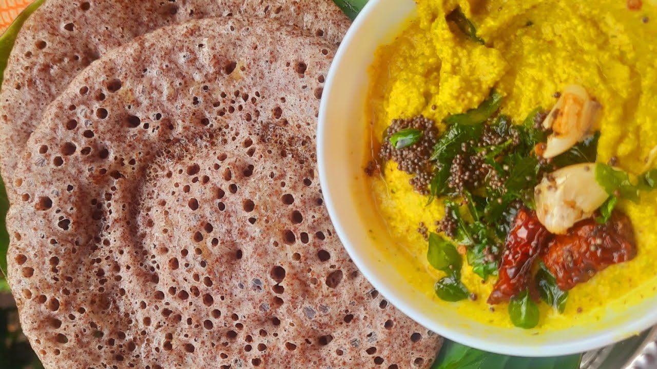 South Indian style Ragi Tuppa Dosa with pumpkin chutney