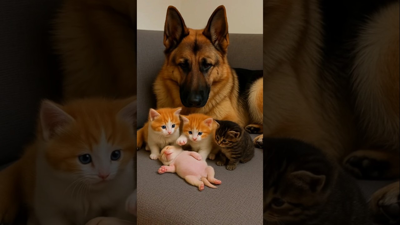 German Shepherd and Kittens with Sleeping Puppy🐾 