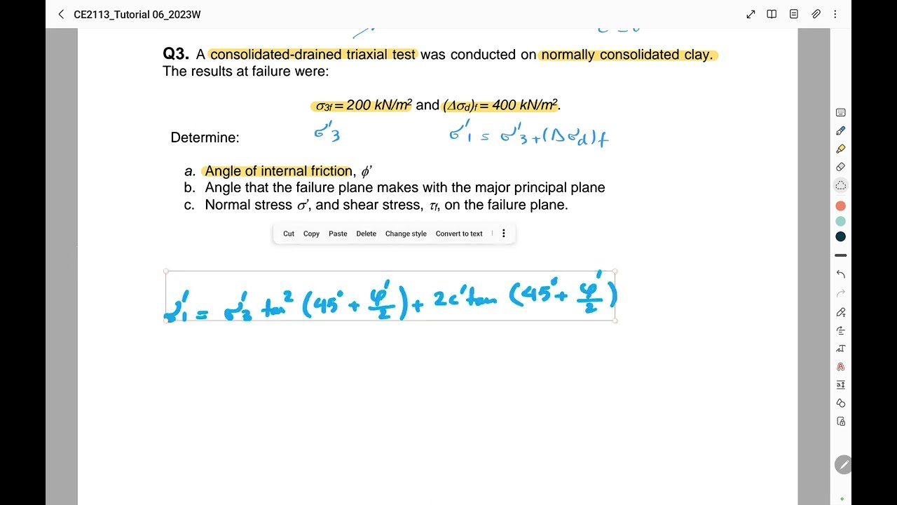 Shear Strength of Soils Examples (Q3 - Consolidated-Dained triaxial test) - Soil Mechanics I