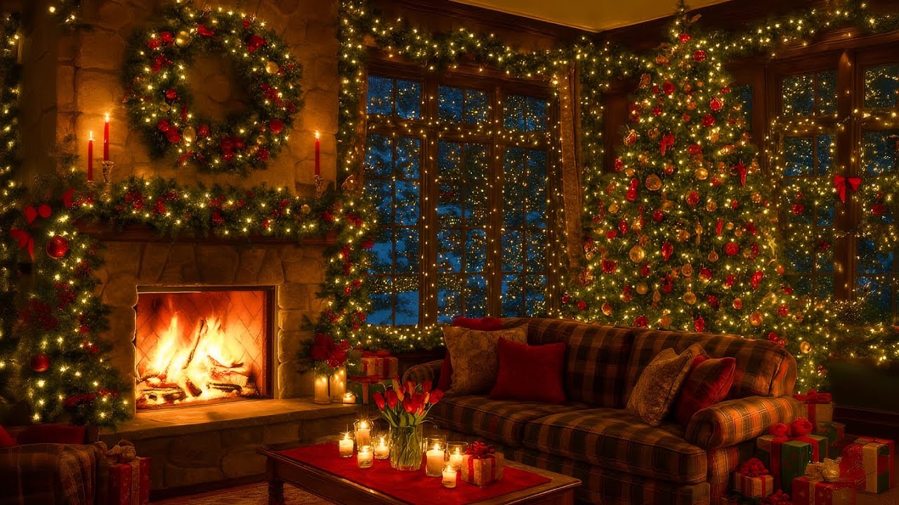 🔥 Cozy Christmas Fireplace Ambience 🎄 Soft Holiday Music, Crackling Fire & Candlelight for Relaxat