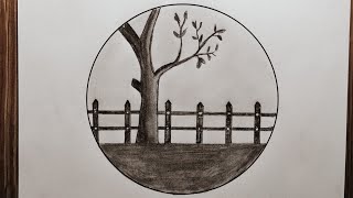 رسم سهل | رسم شجرة في دائرة | رسم منضر طبيعي سهل خطوة بخطوة | A tree scenery drawing in circle