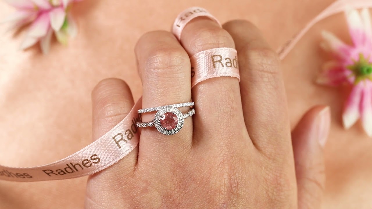 Milgrain Halo 6mm Round Cut Strawberry Quartz and Diamond Wedding Ring Set