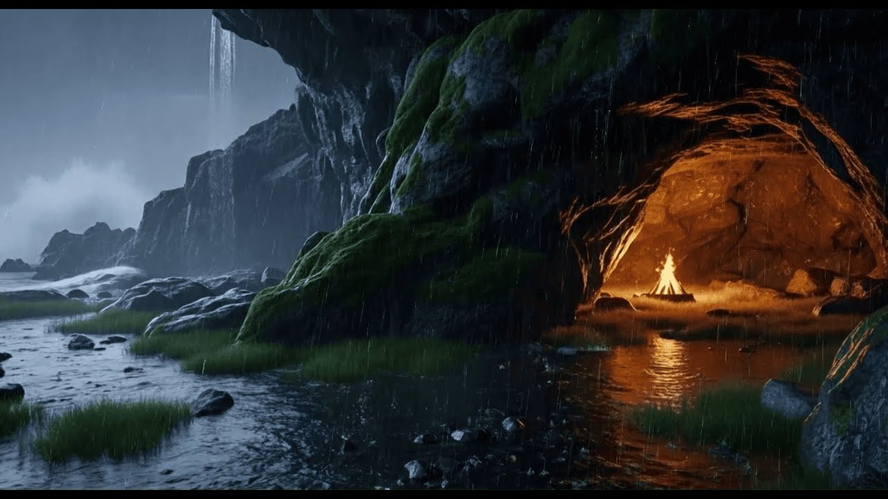 Cozy Coastal Cave Ambience for Sleep | Rain, Ocean Waves & Fireplace Sounds