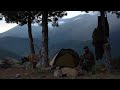 Wild camp on the mountain with tarptent. Heavy rain, Beef steak on fire. Made fire protection ASMR