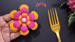 Beautiful Woolen Flower Making Trick using Fork - Embroidery Flower Making Trick- DIY Wool Crafts