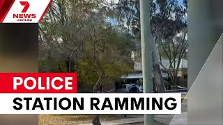 Man rams ute into police station during retirement party | 7NEWS