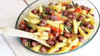 Картофель с охотничьими колбасками и овощами в духовке Картофель с охотничьими колбасками и овощами в духовке