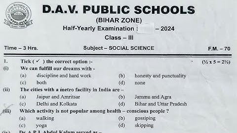 DAV Class 3 Social science Half-Yearly Exam Question Paper | Class 3 Midterm Exam Science Paper|CBSE