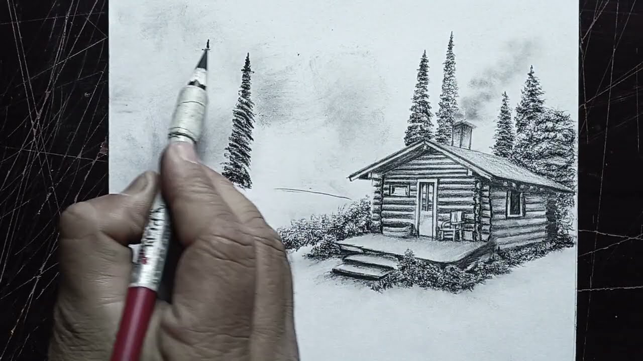 Technique of drawing a Wooden House View with Riverside | Step-by-Step Drawing