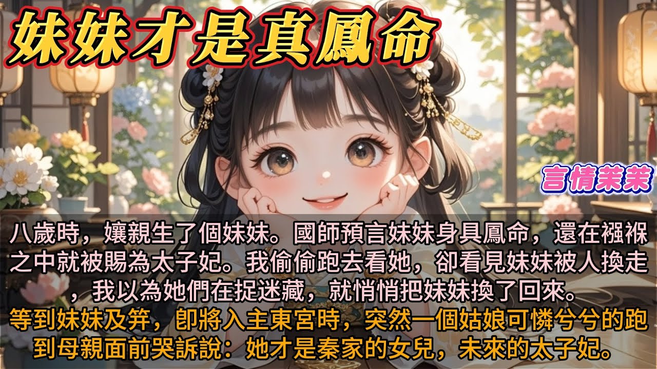 《妹妹才是真鳳命》八歲時，孃親生了妹妹。國師預言妹妹身具鳳命，還在襁褓之中就被賜為太子妃。我偷偷跑去看她，卻看見妹妹被人換走，我以為她們在捉迷藏，就悄悄把妹妹換了回來。等到妹妹及笄，卽將入主東宮時