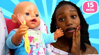 Kids play dolls & Feeding Baby Annabell doll. Washing machine toys for Baby Born doll  Family fun.