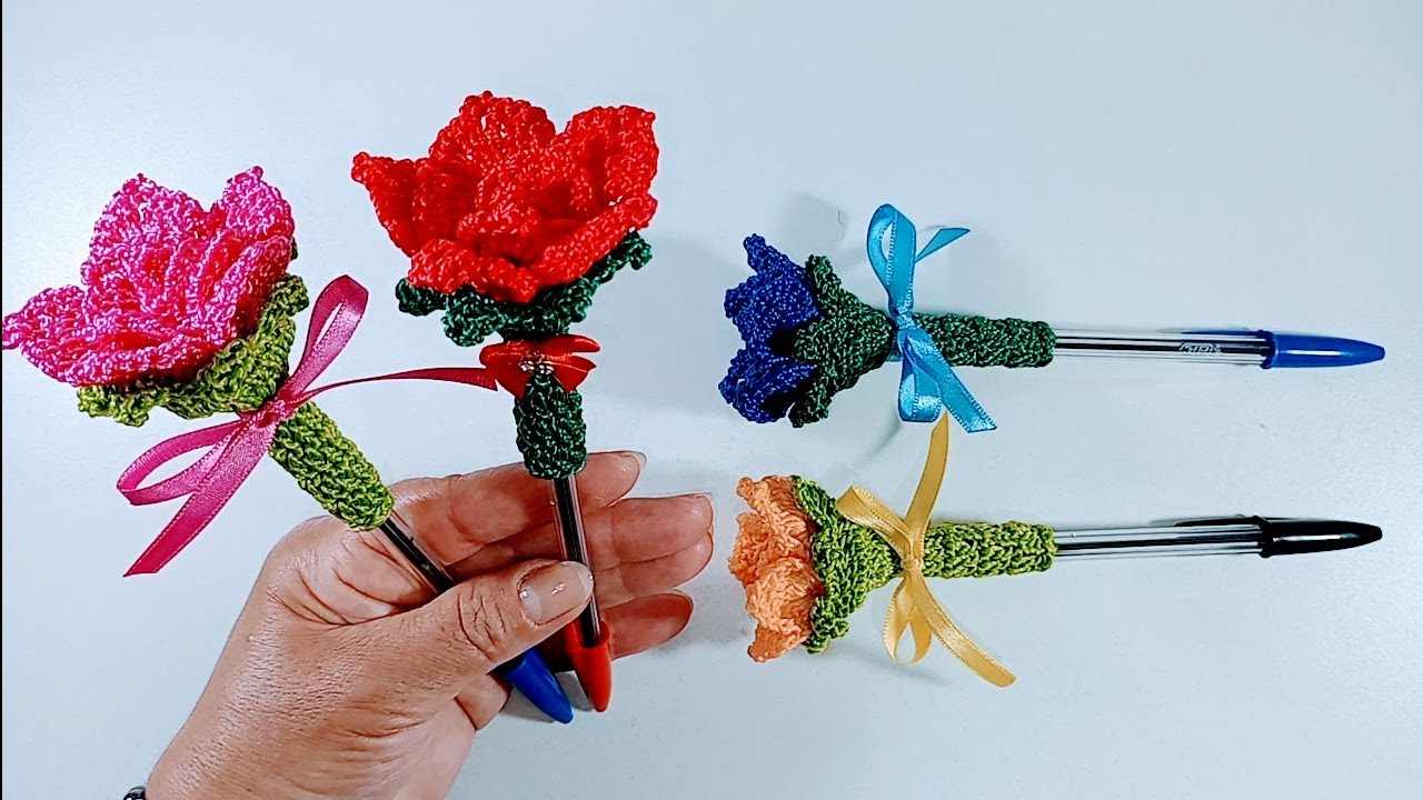 Caneta flor em crochê rápida e fácil | Crochê passo a passo com a Francinilda Crochê