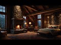 German cabin in the mountains, crackling fireplace and snow falling gently outside, asmr ambience