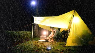 SOLO RAIN CAMPING, Relaxing Camping in Cozy Small Tarp Tent (Silent Vlog)