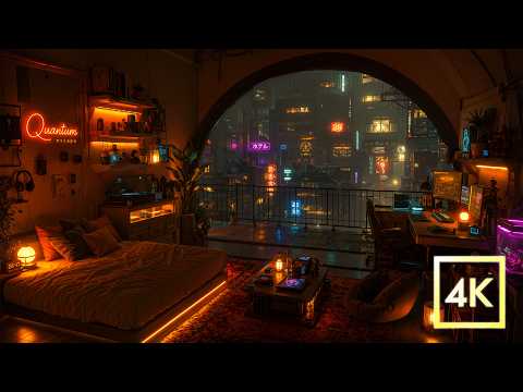 Rainy Neon Apartment 🌧️ | Cozy Cyberpunk Bedroom Ambience for Study, Sleep & Deep Focus | 4K 8 Hours