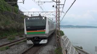【これぞ湘南!】　E233系NT2＋NT55編成　普通熱海行き　根府川到着