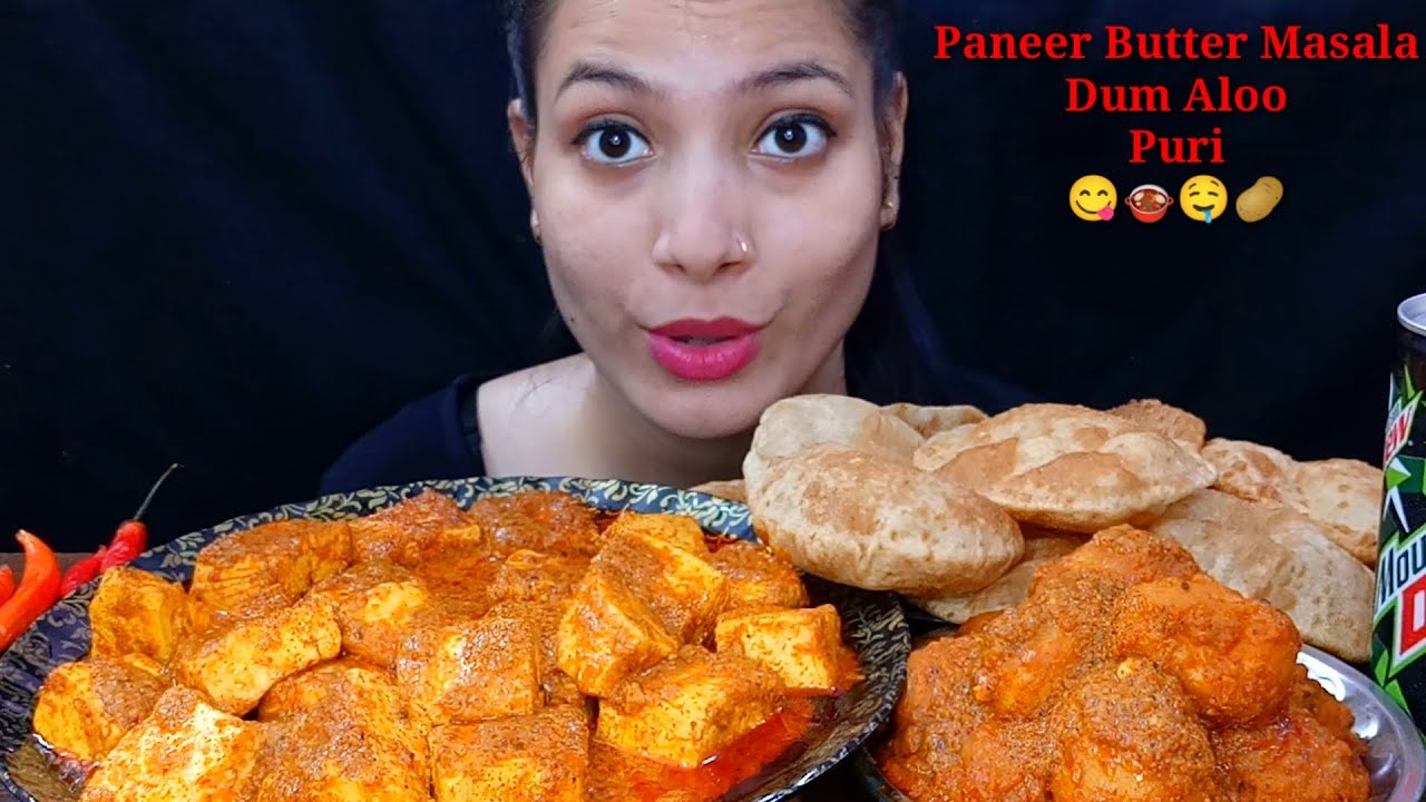 Eating Paneer Butter Masala, Dum Aloo, Puri | Indian Food Eating Mukbang | Big bites | Food Show