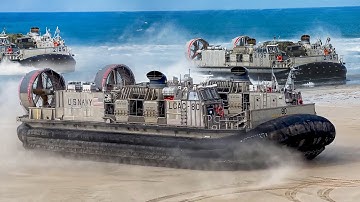 Massive US Navy Hovercrafts Land During Intense Beach Invasion