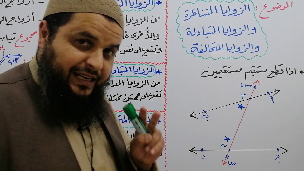 الزوايا المتناظرة والزوايا المتبادلة والزوايا المتحالفة للاستاذ رزق موسى