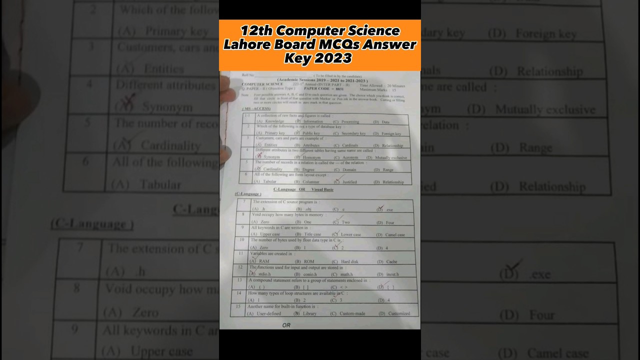 12th ComputerPaper Lahore Board MCQs Answer Key + Subjective 2023|#youtubeshorts #lahoreboard
