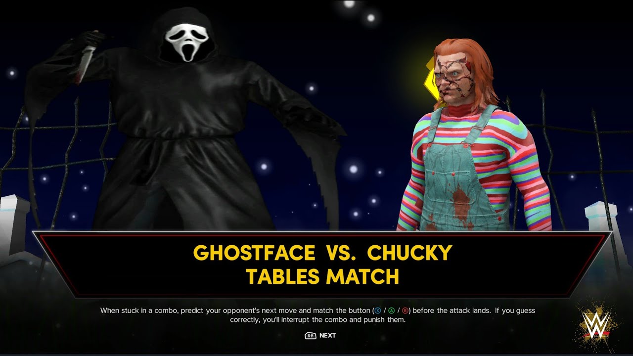 wwe2k24 : Ghostface vs Chucky in a Tables Match, first round match at Halloween Havoc