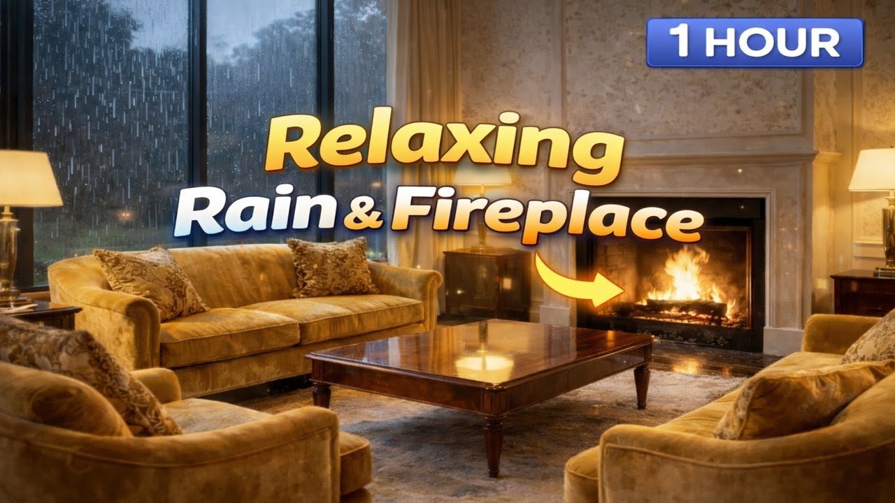 Cozy Living Room with Fireplace & Rain | Relaxing Cozy Music