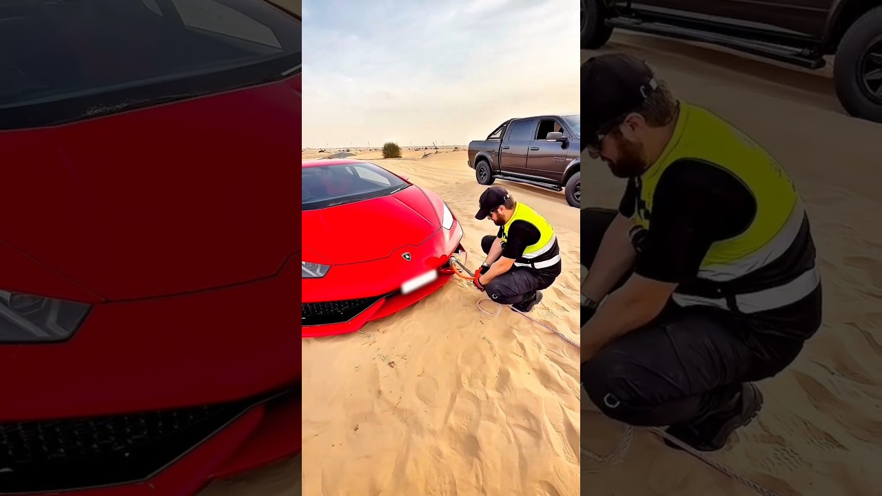 Lamborghini stuck in dubai desert sand.  Lamborghini delivery. Lamborghini urus in desert offroading