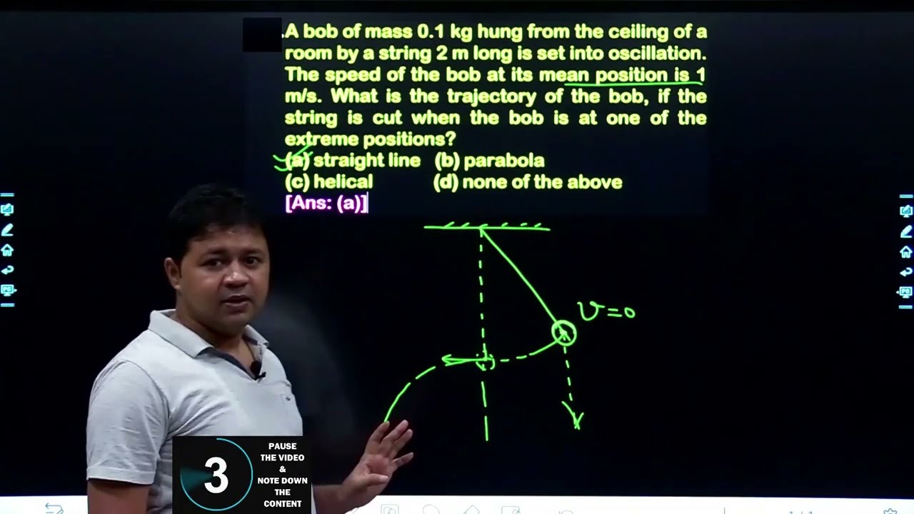 A bob of mass 0.1 kg hung from the ceiling of a room by a string 2 m long is set into oscillation. T