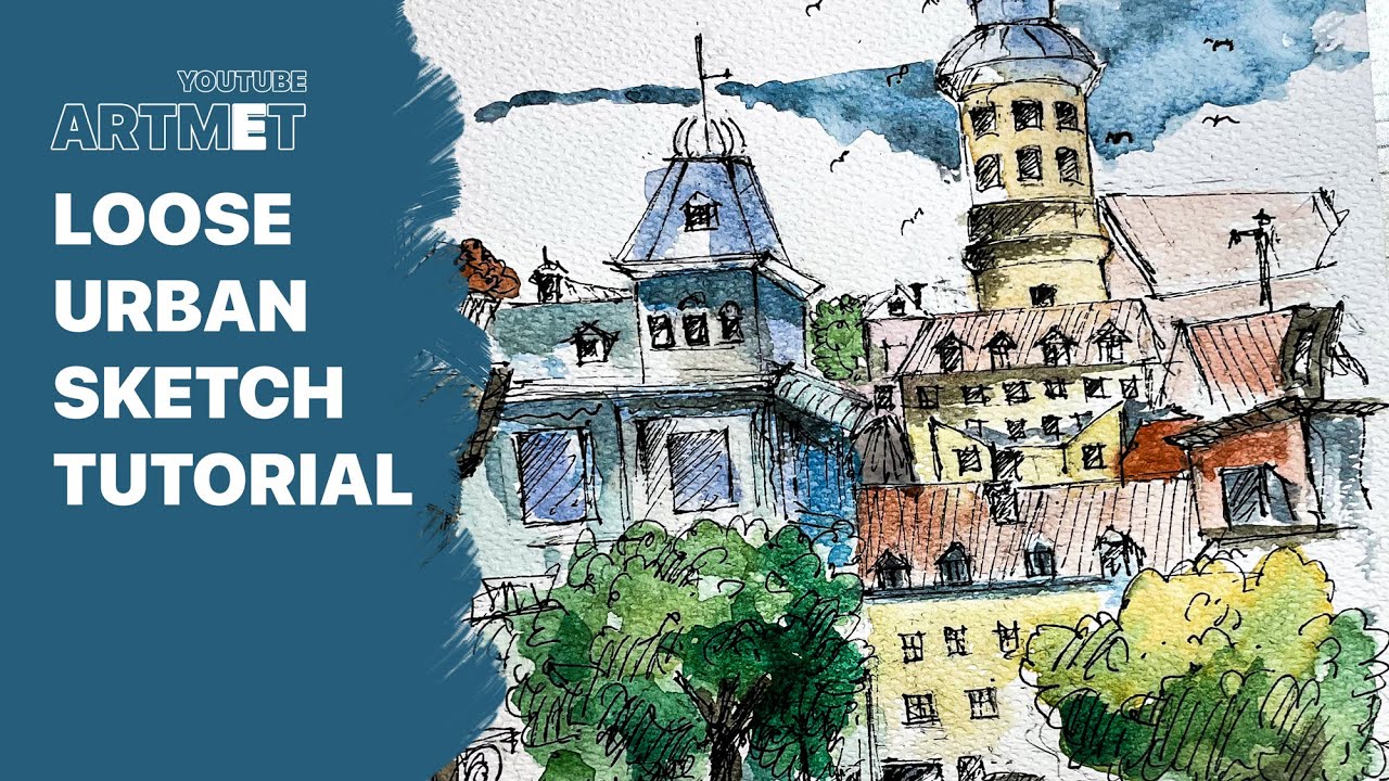 🎨 Loose Urban Sketch Tutorial | Ink & Watercolor Sketching 🏡 - YouTube