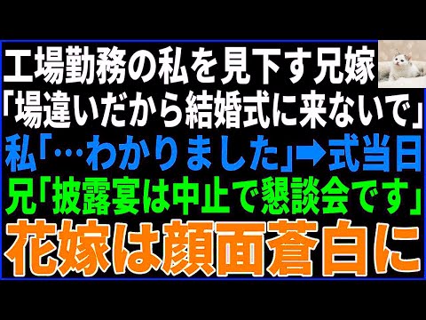 【スカッとする話】兄嫁から電話「工場勤務の義妹さんは場違いだから結婚式に来ないで」私「わかりました」式当日なぜか親戚全員が欠席→兄「結婚式は中止で懇親会にします」ドレス姿の